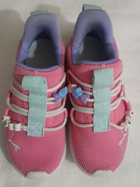 Puma Kids Pink Sneakers with Mint Straps and Purple Lining
